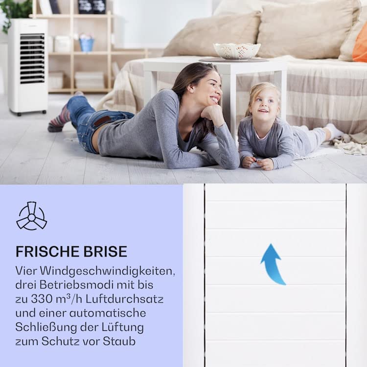 Klarstein Luftkühler mit Wasserkühlung, Leiser 4-in-1 Verdunstungskühler, Luftbefeuchter, Ventilator & Nachtmodus, Mobile Klimageräte Luftkühler, 60W Air Cooler, 330m³/h Kühlender Luftstrom