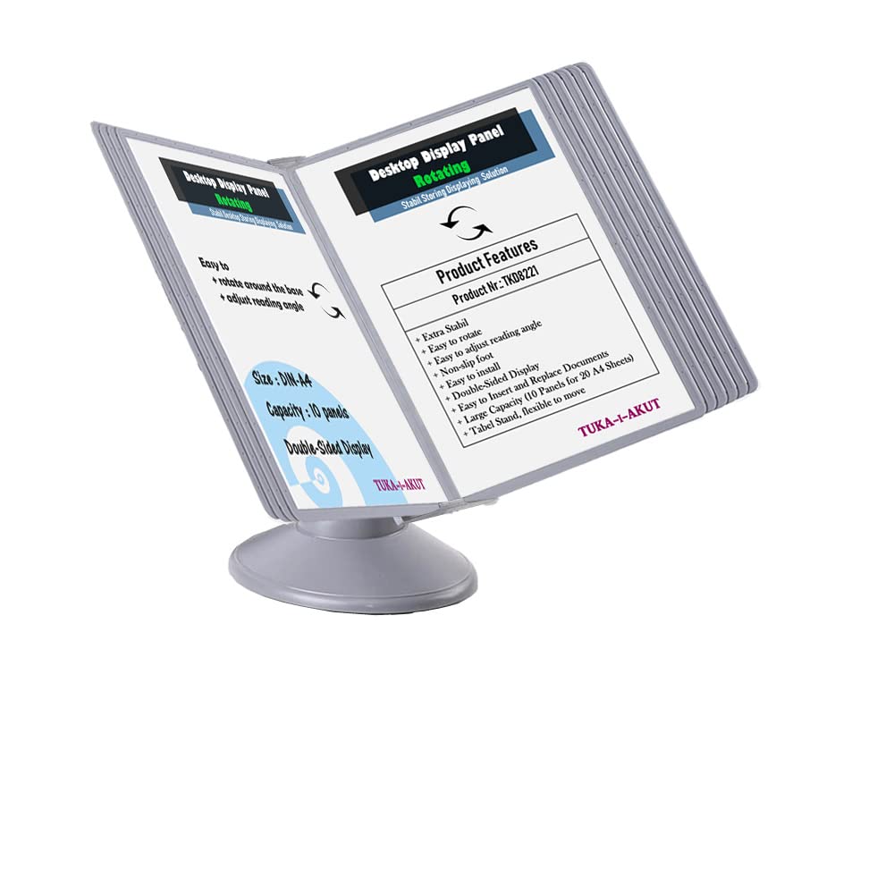 TUKA-i-AKUT Tisch-Sichttafel Aufsteller 360° Drehbar und Neigungswinkel Verstellbar, 10 Sichttafeln DIN A4 Desktop Sichttafel System, Sichttafel - Tischständer mit 10 Klapprahmen, Grau, TKD8221 Grey