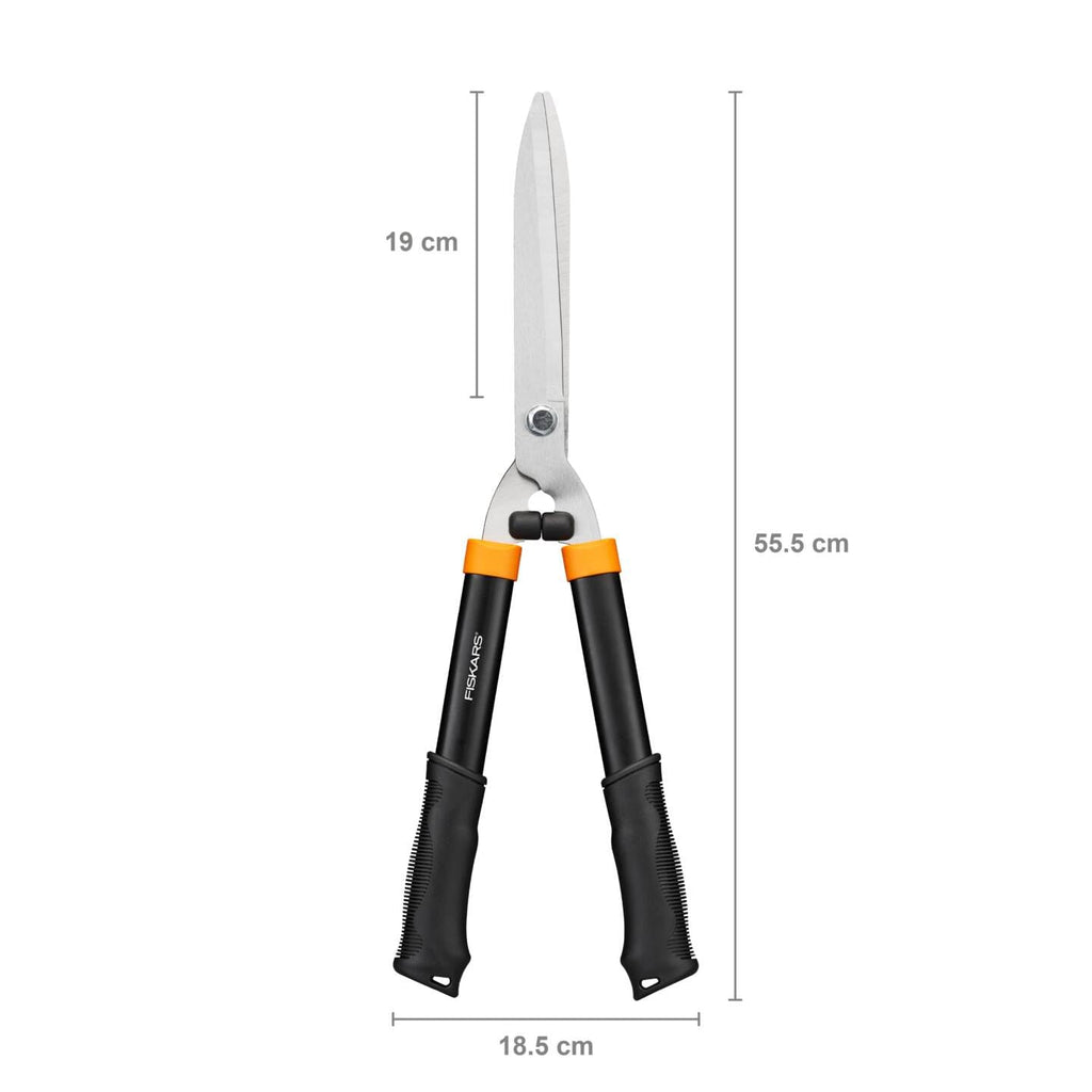 Fiskars Heckenschere HS21, Für Form- und Rückschnitt von Hecken und Büschen, Länge 59 cm, Gehärtete Stahl-Klingen/Soft-Touch Kunststoff-Griff, Schwarz/Orange, Solid, 1026827