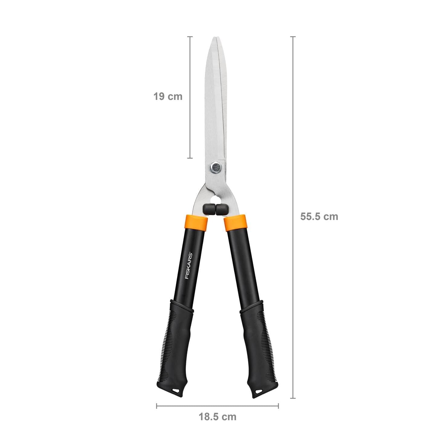 Fiskars Heckenschere HS21, Für Form- und Rückschnitt von Hecken und Büschen, Länge 59 cm, Gehärtete Stahl-Klingen/Soft-Touch Kunststoff-Griff, Schwarz/Orange, Solid, 1026827