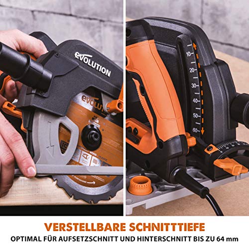 Evolution Handkreissäge R185CCSX Kreissäge Tauchsäge 1600W Inkl. Ø 185 mm HM-Sägeblatt Multi-Material-Schneiden Holz, Aluminium, Stahl, Kunststoff | Mit 3-teiliger 1020mm Mini-Schiene Führungsschiene
