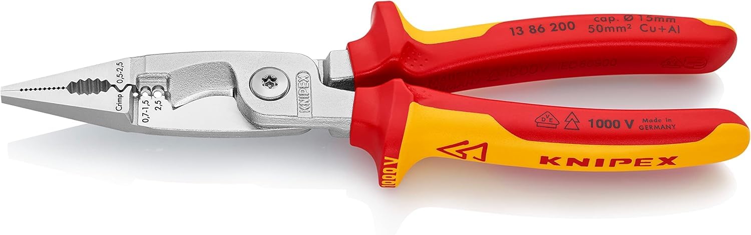 KNIPEX Elektro-Installationszange auf SB-Karte verchromt isoliert mit Mehrkomponenten-Hüllen, VDE-geprüft 200 mm, 13 86 200 SB