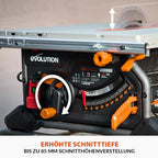 Evolution Power Tools R255TBL+ tischkreissäge, Tischsäge Tragbares Multi-Material-Sägeblatt im Lieferumfang enthalten Schneidet Holz Metall Kunststoff, 45˚ Fase, +/- 60˚ Gehrungswinkel, 1800w Motor