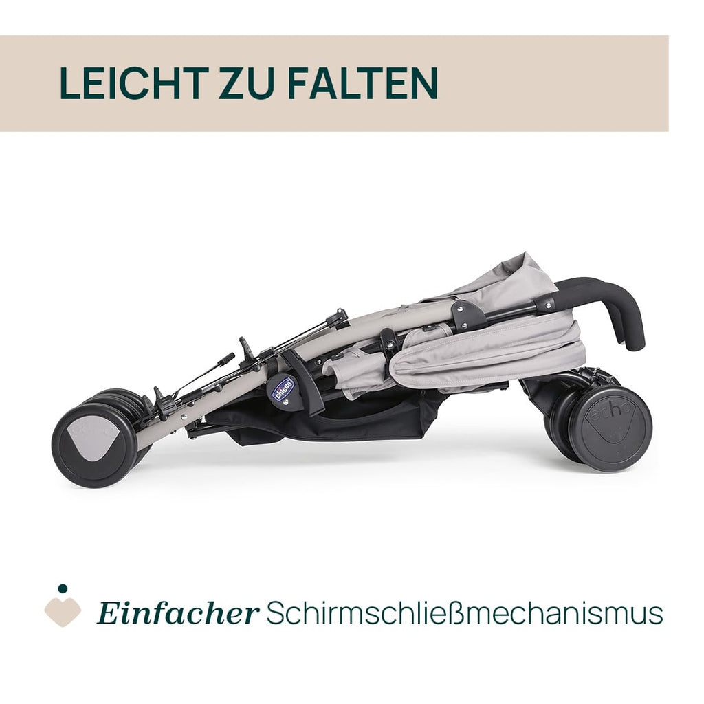 Chicco Echo Lite Kinderwagen, Buggy ab Geburt bis 22 kg, verstellbare Rückenlehne, geräumiger Sitz, Stoßstangenmanschette, Schirmbuggy, Zwillingsbremsen und schwenkbare Vorderräder, Beige