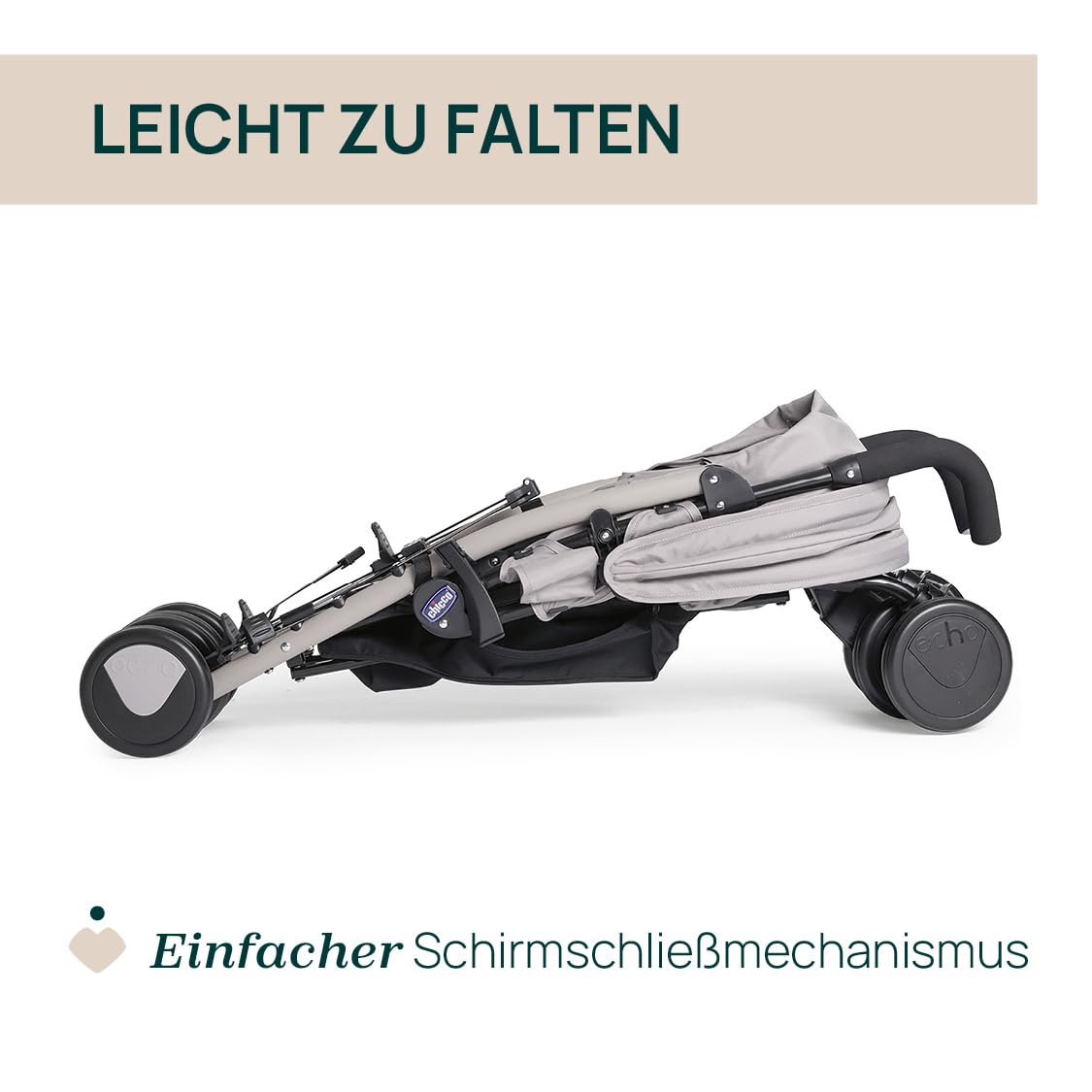 Chicco Echo Lite Kinderwagen, Buggy ab Geburt bis 22 kg, verstellbare Rückenlehne, geräumiger Sitz, Stoßstangenmanschette, Schirmbuggy, Zwillingsbremsen und schwenkbare Vorderräder, Beige