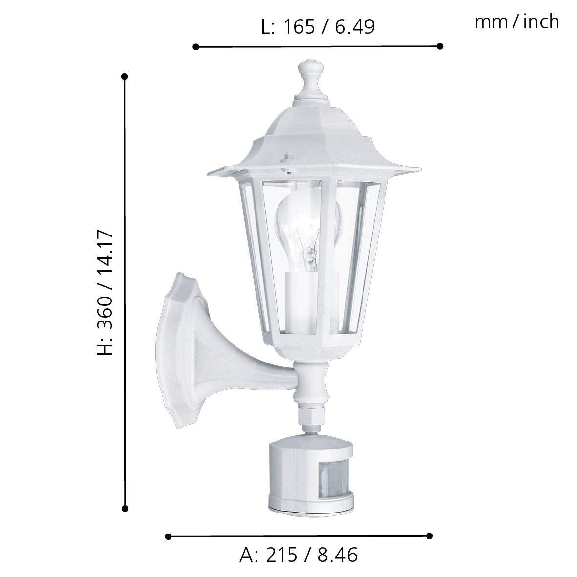 EGLO Außen-Wandlampe Laterna 5, 1 flammige Außenleuchte inkl. Bewegungsmelder, Sensor-Wandleuchte aus Aluguss und Glas, Farbe: Weiß, Fassung: E27, IP44