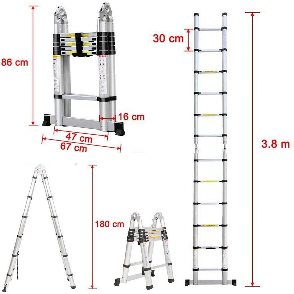 Klappbare Trittleiter, Teleskopleiter, Klappleiter, Klappleiter, aus Metall, max. Belastung 150 kg (3,8 m (1,9 m + 1,9 m)