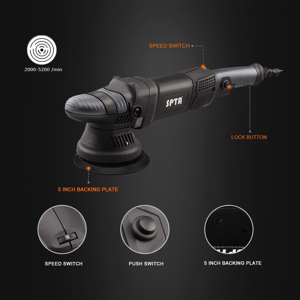 SPTA Auto Poliermaschine, 780W Exzenterpolierer, 6 Variable Geschwindigkeit, mit 125mm und150mm Polierschwamm, Abnehmbarer D-Griff und Seitengriff, 4M Kabel, zum Polieren von Auto, Boot, Motorrad
