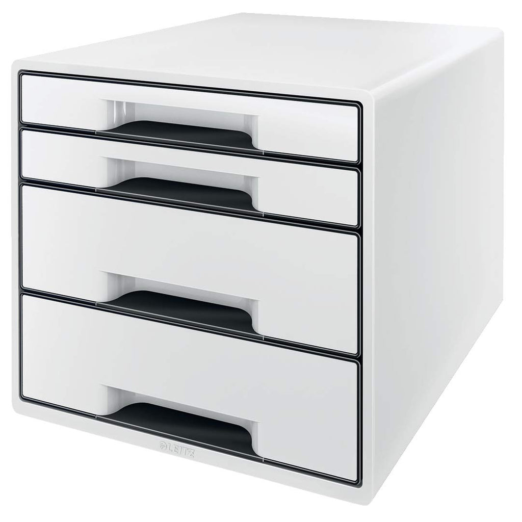 Leitz CUBE Schubladenbox mit 4 Fächern, A4, Inkl. transparentem Schubladeneinsatz, Weiß /Schwarz, WOW, 52521001