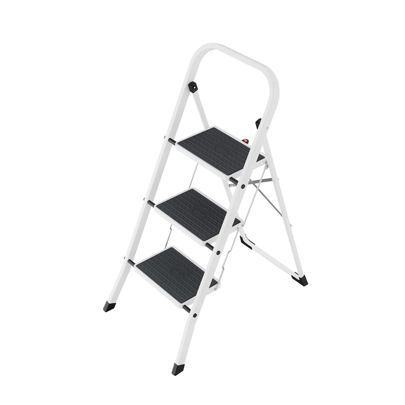 Hailo HobbyStep Stahl-Klapptritt-Leiter - 3 breite Stahl-Stufen mit Anti-Rutsch-Matten belastbar bis 150 kg - Trittleiter mit Klappsicherung - geriffelter ganzflächig aufstehender Steckfuß - weiß