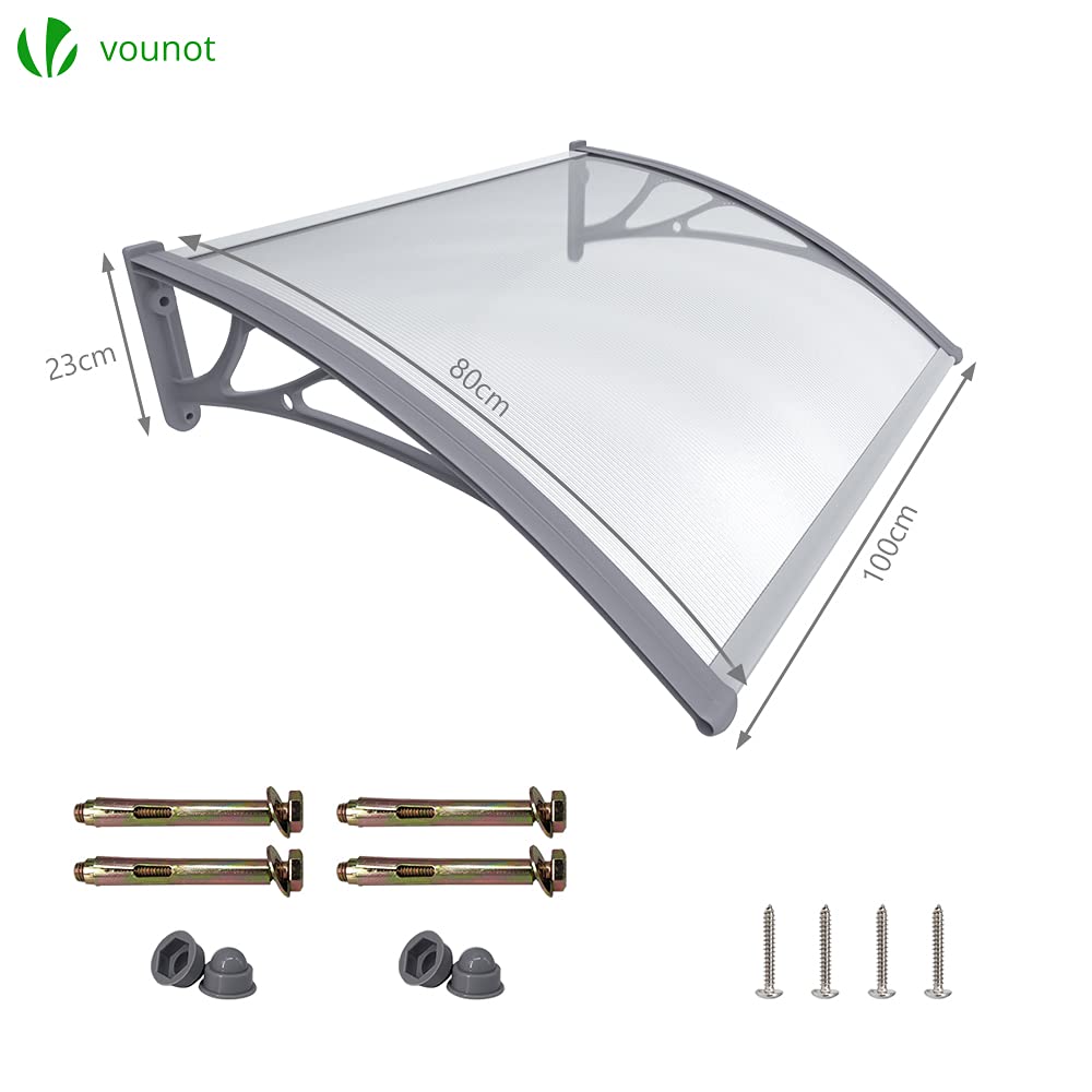 VOUNOT Vordach für Haustür 100 x 80 cm, Überdachung Haustür aus Aluminium und Polycarbonat, Transparentes Pultbogenvordach, Pultvordach, Grau