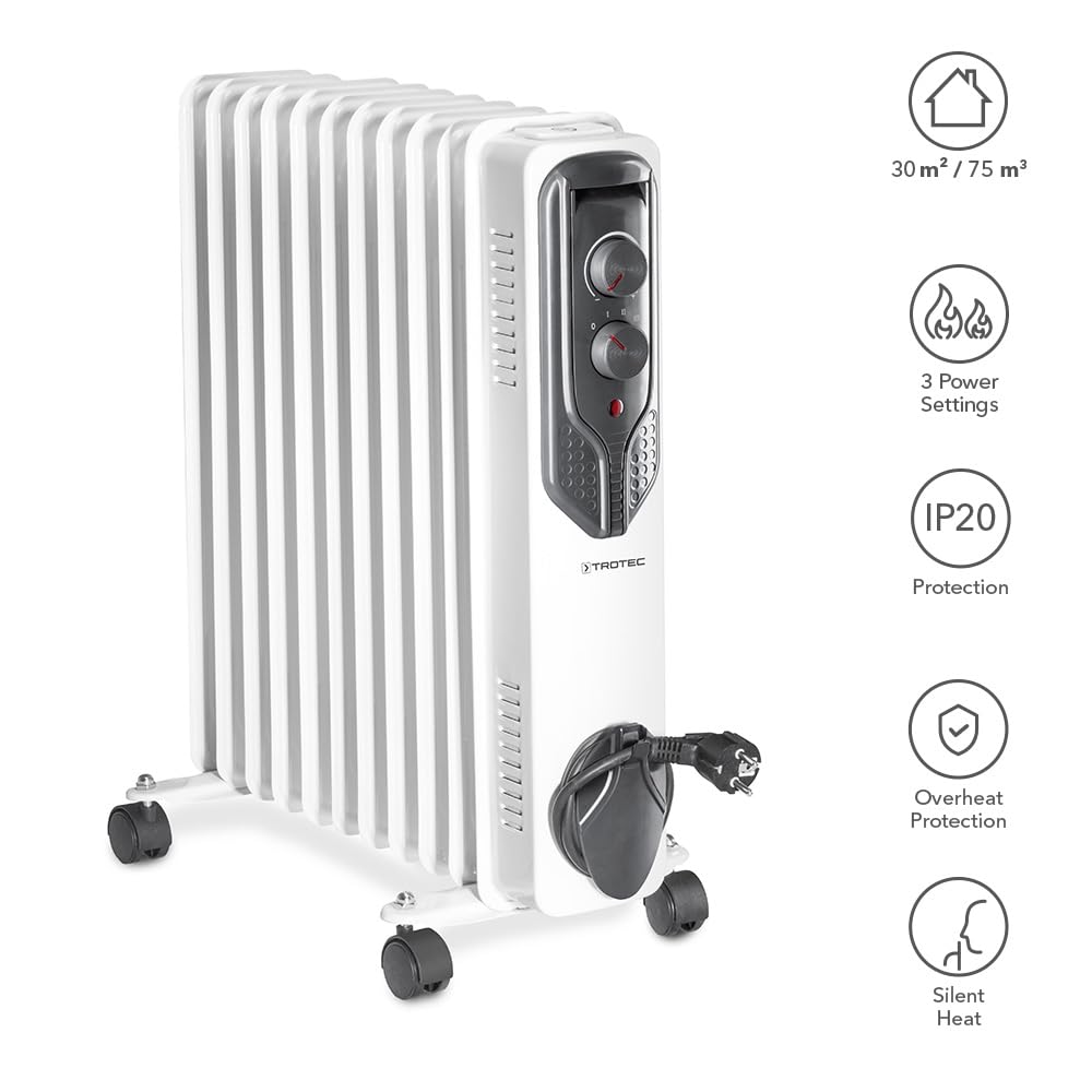 TROTEC Radiator Heizung TRH 21 E – Heizleistung 1000 W / 1500 W / 2500 W – Elektro Heizkörper, 11 Rippen, Raumgröße 30 m² / 75 m³
