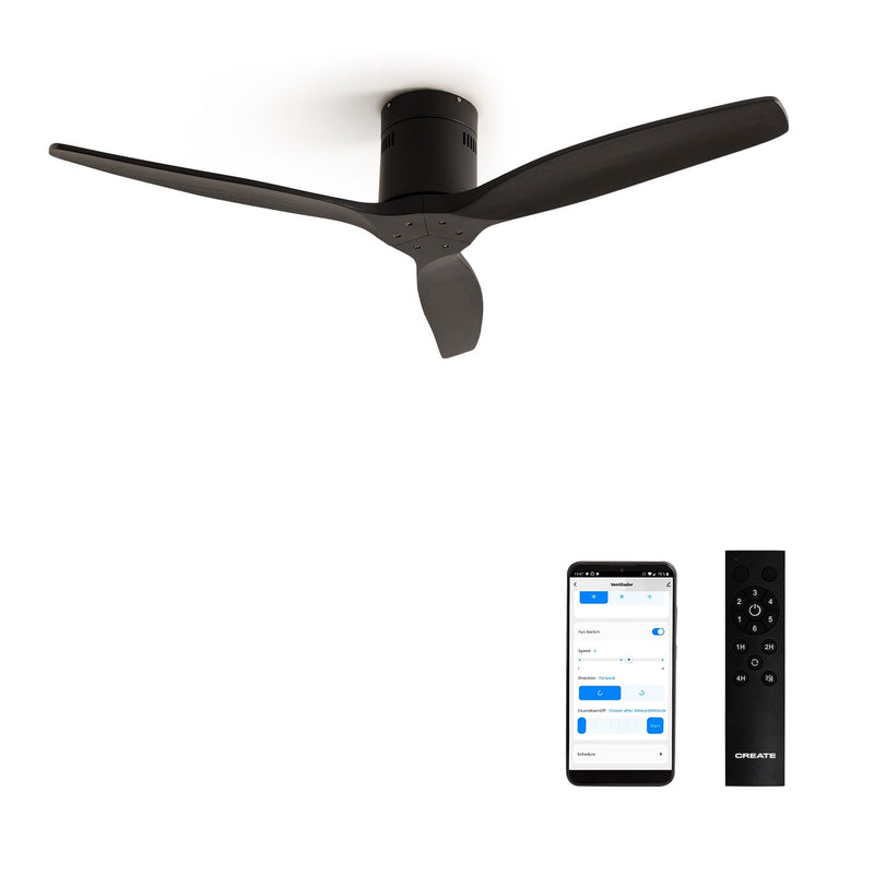 CREATE / WINDCALM M/Deckenventilator ABS Schwarz mit WLAN und Fernbedienung / 40W, Leise, Ø132cm, Timer von 1 bis 4 Std, DC-Motor, Sommer-Winterbetrieb