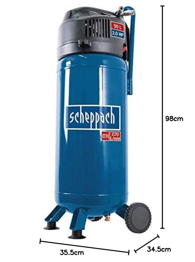 Scheppach Kompressor HC51V (1500W, 50 L, 10 bar, Ansaugleistung 220 l/min, Druckminderer, ölfrei, stehende platzsparende Bauweise) - inkl. 13 tlg. Druckluft-Werkzeug-Set + 8m Spiralschlauch