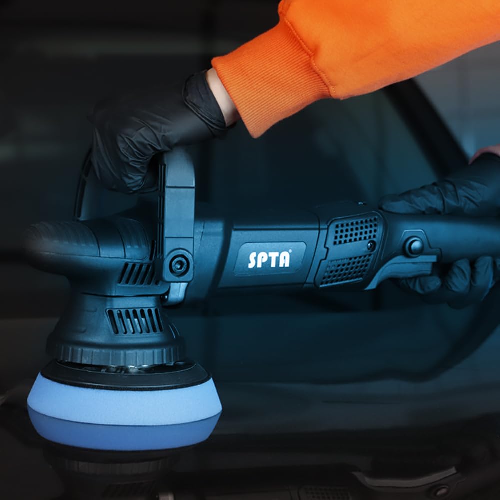 SPTA Auto Poliermaschine, 780W Exzenterpolierer, 6 Variable Geschwindigkeit, mit 125mm und150mm Polierschwamm, Abnehmbarer D-Griff und Seitengriff, 4M Kabel, zum Polieren von Auto, Boot, Motorrad
