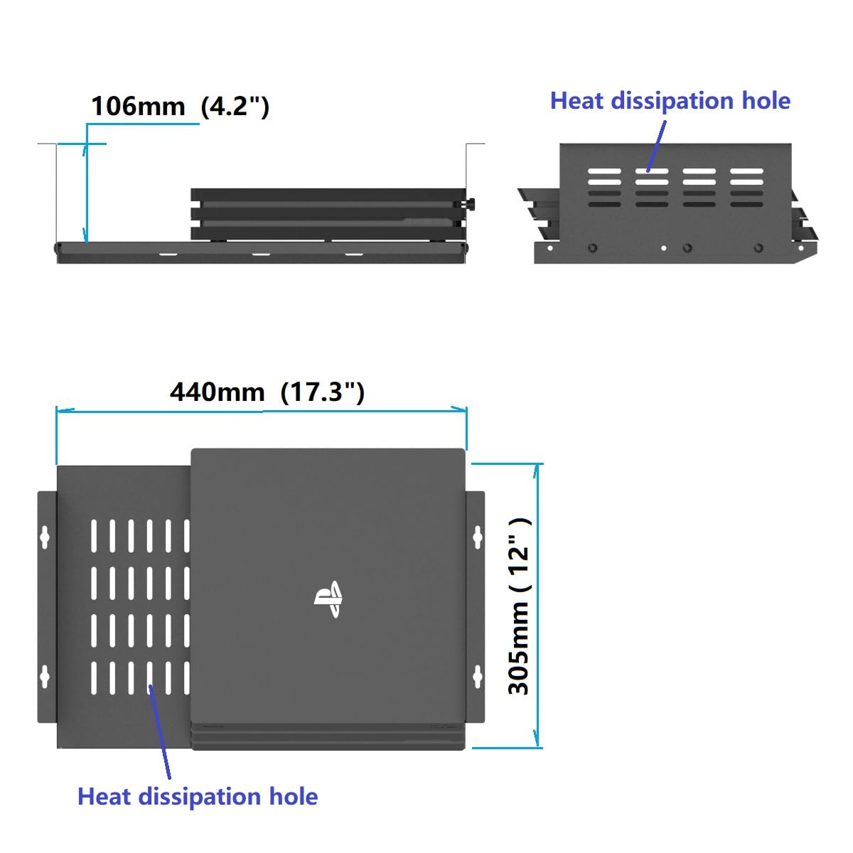 JINGCHENGMEI Untertisch-Computer-Halterung für SFF-Computer und PCs mit kleinem Formfaktor, platzsparend, 43.9x10.2x30.5 cm, PS4 Slim, PS4 Pro für Gaming unter dem Schreibtisch