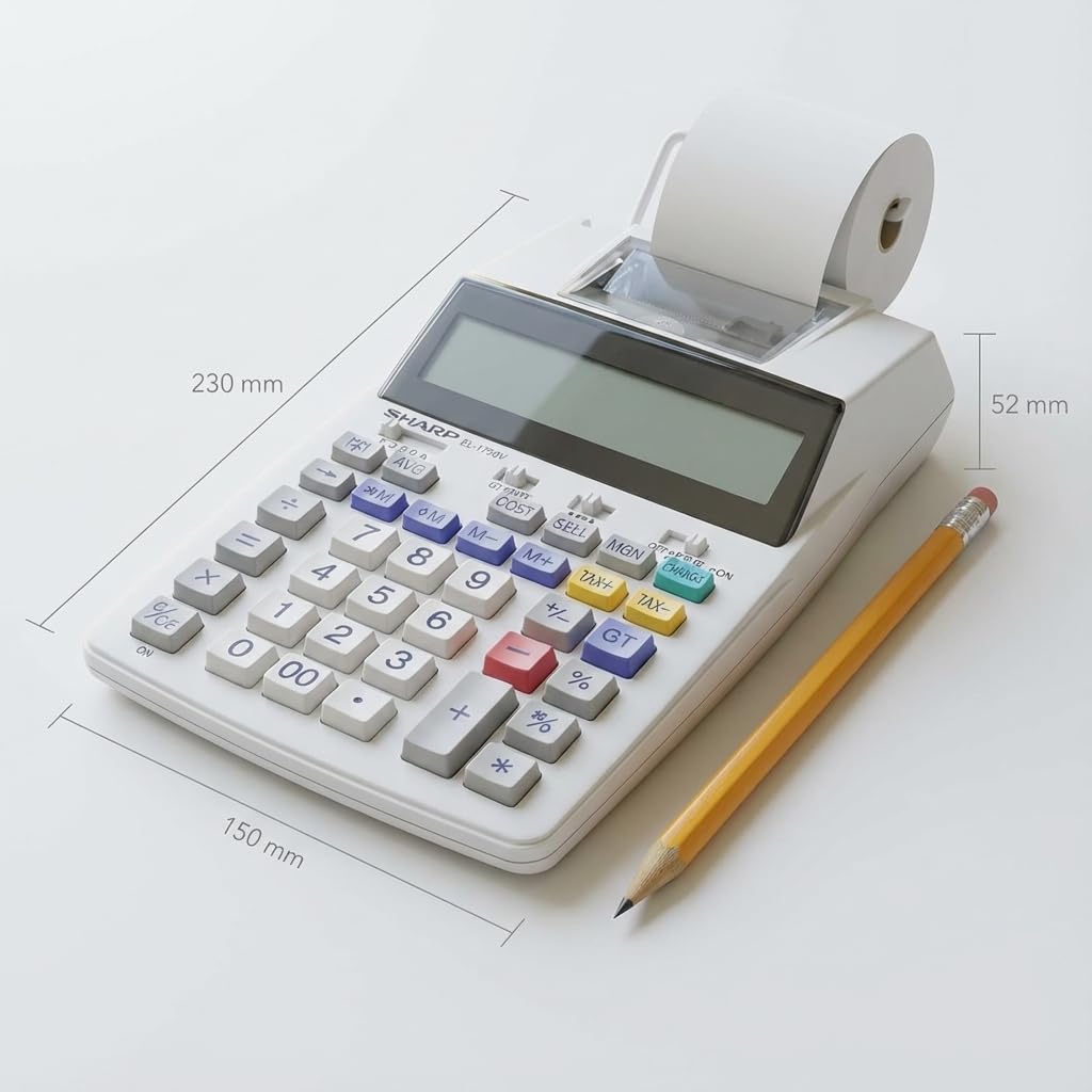 SHARP Druckender Tischrechner EL-1750V (großes 12-stelliges LC Display, schwarz rote Druckfarben) Weiß