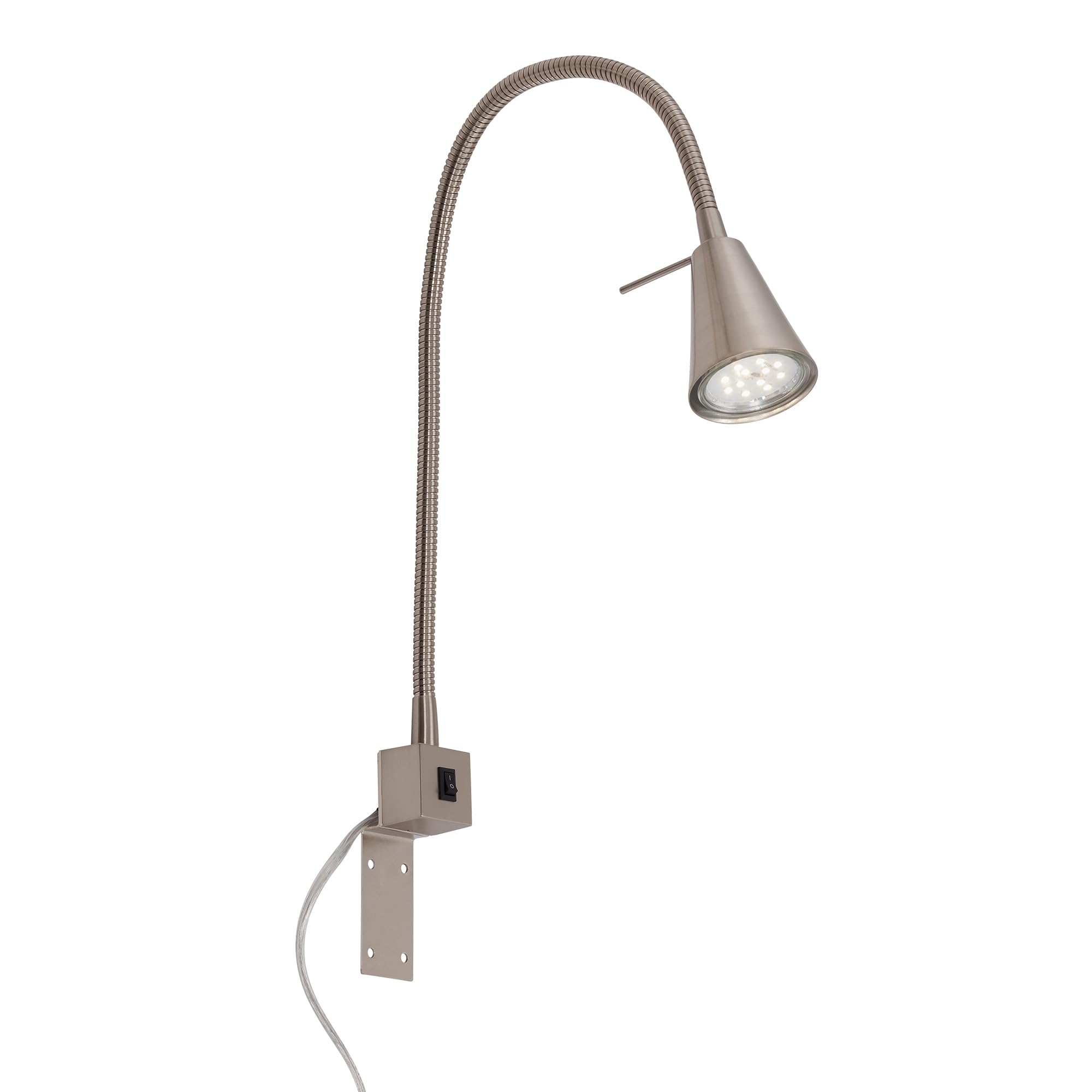 BRILONER - LED Leselampe mit Schalter am Gehäuse, schwenkbar, GU10 4,7W, 400lm, warmweißes Licht, Wandleuchte Innen, Wandlampe, Bettlampe, Lampe Bett, Leselicht, Nachttischlampe, 40,3 cm, Matt-Nickel
