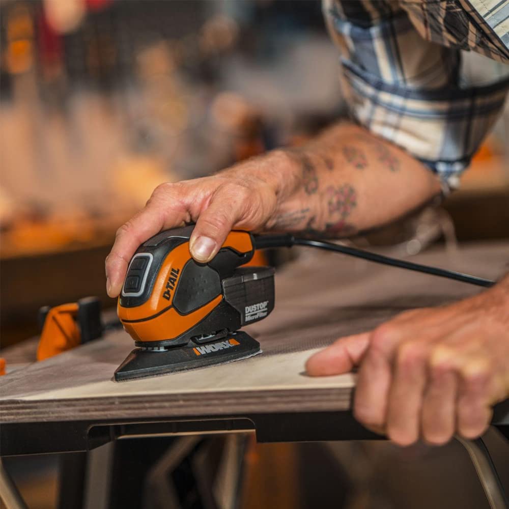 WORX WX648 Schleifer 65W, 230V – Ergonomischer Handschleifer zum Schleifen auch an schwerer zugänglichen Stellen – DUSTSTOP Mikrofilter für sauberes Arbeiten
