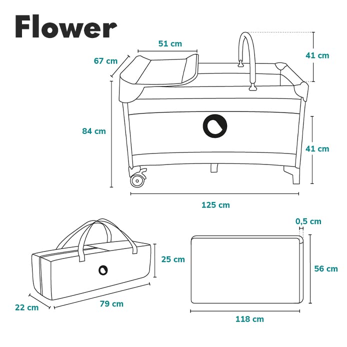 Lionelo Flower 4in1 Reisebett Baby mit Seiteneingang, Wickeltisch, Zwei Matratzenaufhängungshöhen, Spielzeugbogen mit Spielfiguren, Rollen, Tragetasche