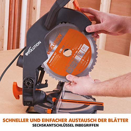 Evolution Gehrungssäge R210CMS | 1200 W Gehrungssäge | Inkl. Ø 210 mm HM-Sägeblatt Multi-Material-Schneiden Holz, Aluminium, Stahl, Kunststoff | 0°- 45° Fase und 45°- 45° Gehrungswinkel | Kappsäge