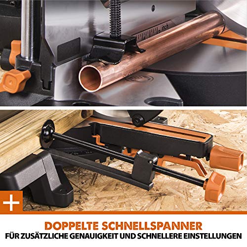 Evolution Doppelgehrungssäge Schiebe-Kapp- und Gehrungssäge R255SMS-DB+ | 2000 W, 300 mm Gleitfunktionalität, Schrägschnitt, Gehrungswinkeln | Ø 255 mm HM / TCT Sägeblatt für Multimaterialschnitt