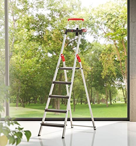 Hailo L100 Topline Alu-Sicherheits-Stehleiter - 5 XXL-Stufen bis 150 kg - Stehleiter mit ausziehbarem Haltebügel, Plattformverriegelung - viel Zubehör - klappbare Aluleiter Made in Germany - schwarz