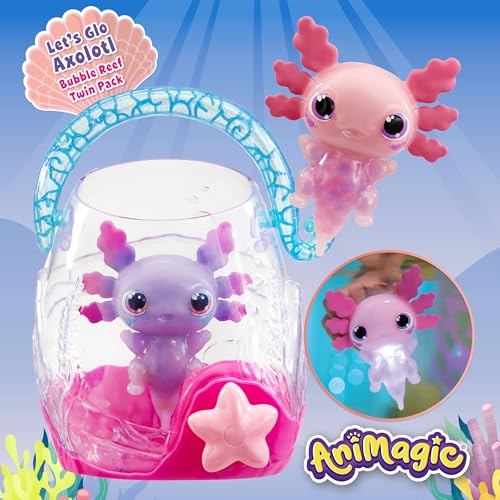 Animagic - Let's Glo Axolotl Bubble Reef Pack :1 Interaktives Aquarium + 2 Axolotl (Rosa & Lila), Elektronische & leuchtende Freunde, Sensorisches Spielzeug für Kinder ab 4 Jahren