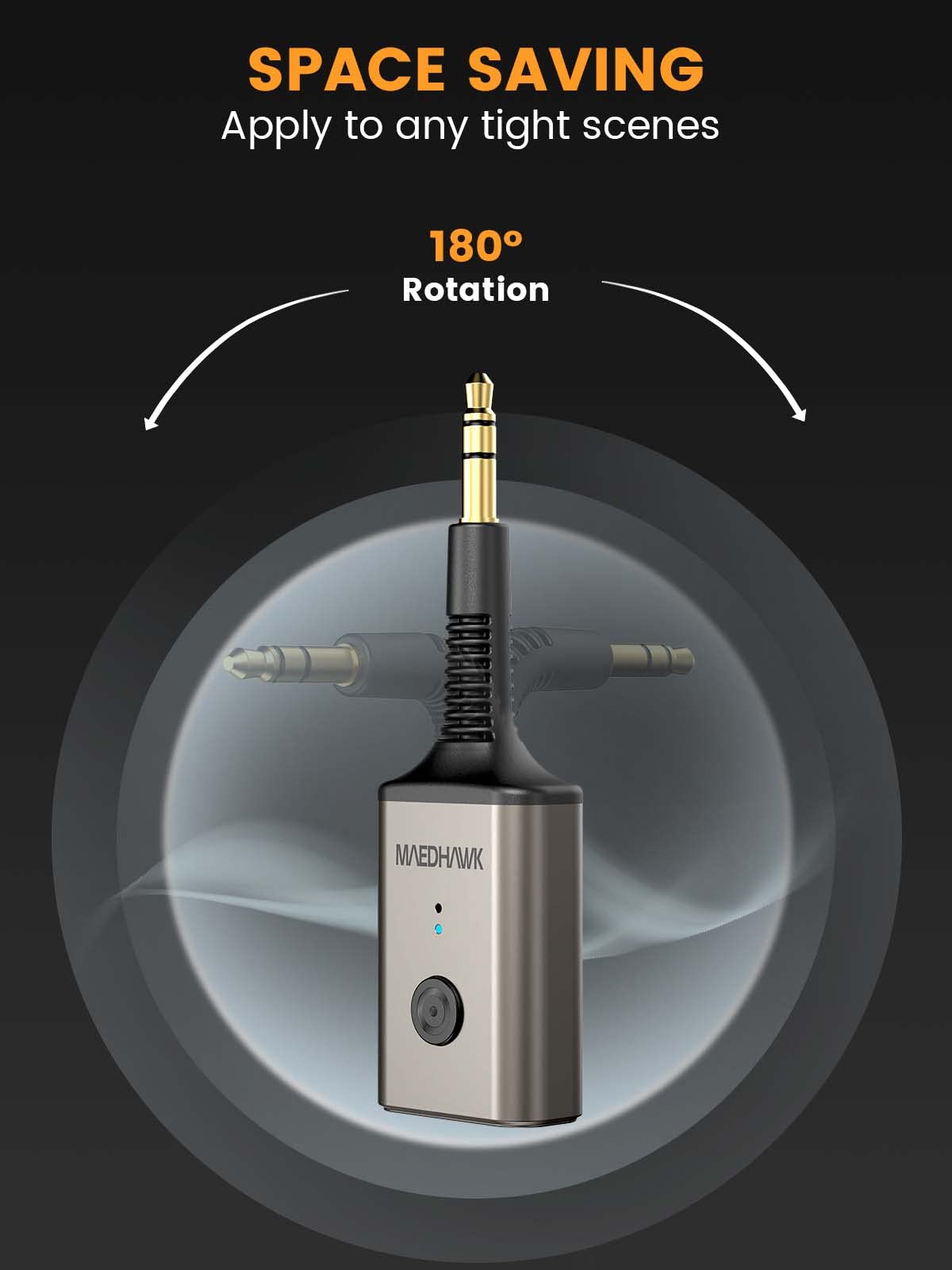 MaedHawk Aux Bluetooth Adapter, Bluetooth 5.3 Adapter Auto 3.5mm Drehbar 180° Bluetooth Empfänger Aux Mini Geeignet für Auto Kopfhörer Lautsprecher(Freisprechen, Dual-Link, 10 Stunden Akkulaufzeit)