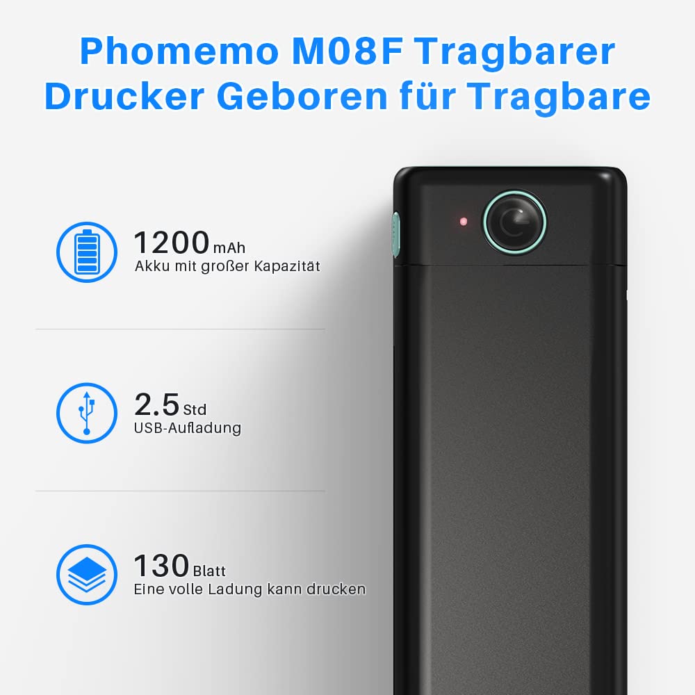 Phomemo M08F Thermodrucker A4 Mobiler Bluetooth Drucker, Tragbarer Wireless Printer für Unterwegs Kompatibel Android iOS, Thermopapier Drucker, Schwarz Grün
