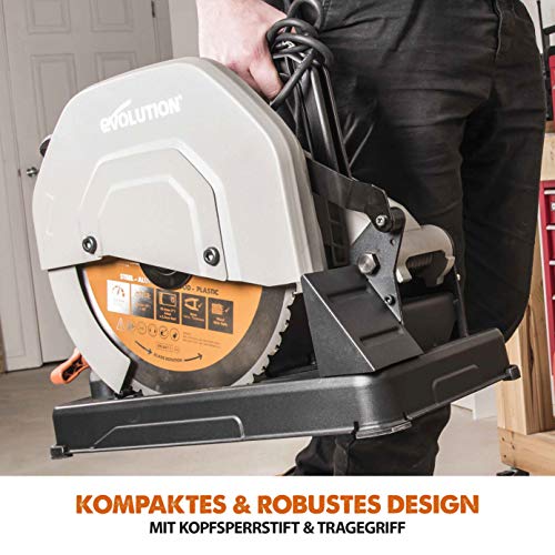 Evolution R355CPS Kappsäge Kapp-Zug-Gehrungssäge 2200 W | inkl. Ø 355 mm HM-Sägeblatt Multi-Material-Schneiden Holz, Aluminium, Stahl, Kunststoff | Schnittleistung von 120 x 120 mm | 0-45˚ Gehrung