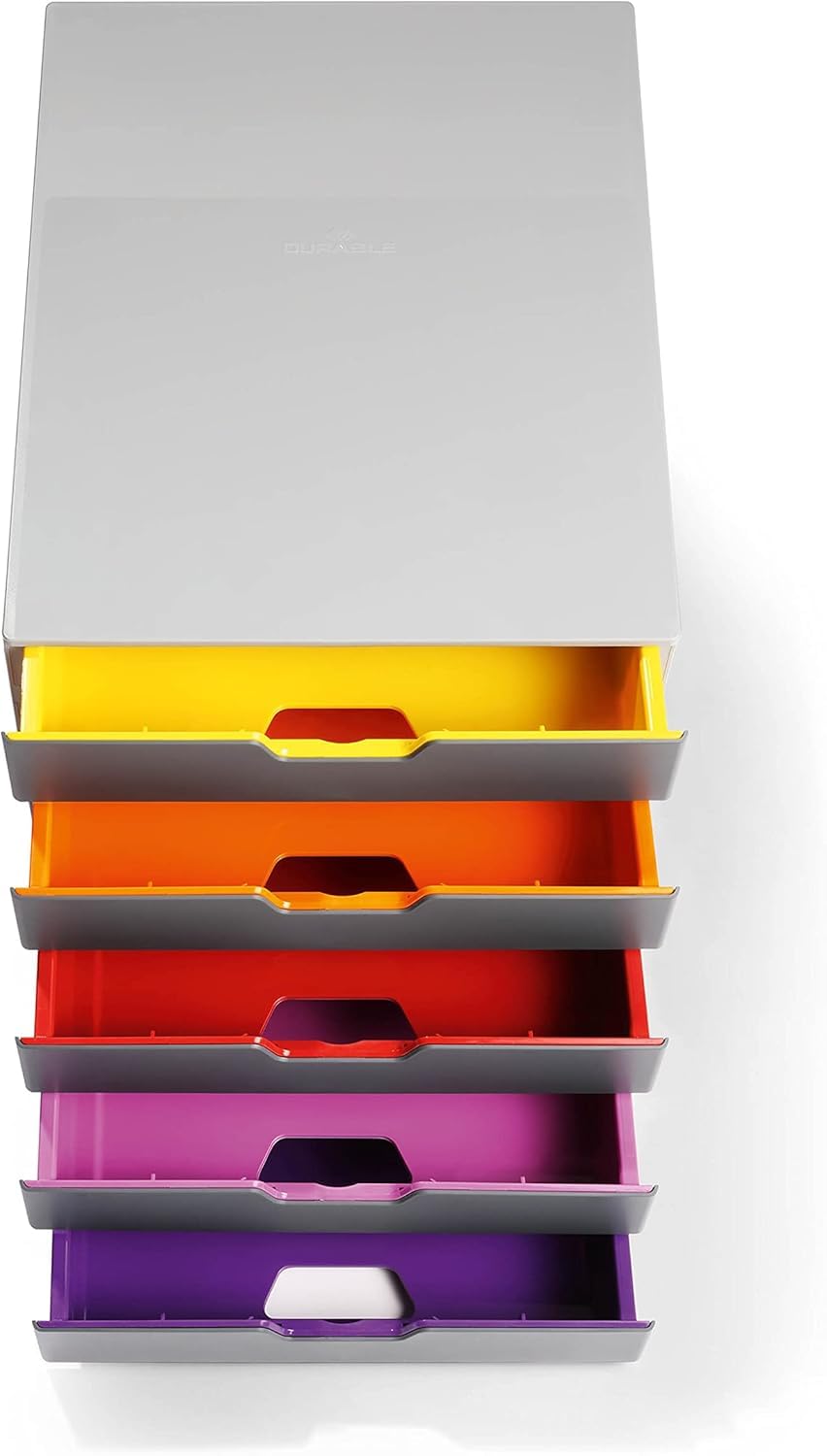 Durable Schubladenbox A4 (Varicolor) Ablagebox 5 Fächer, mit Etiketten zur Beschriftung, mehrfarbig, 760527