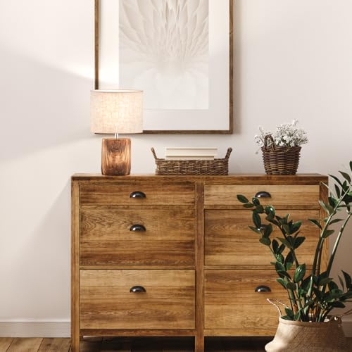 Fischer & Honsel Tischleuchte Malik, Betonlampe in Holzoptik mit Stoff-Lampenschirm & Schnurschalter, Beton in Holzfarben & Leinen in Sandfarben, Höhe 35cm, Durchmesser 20 cm