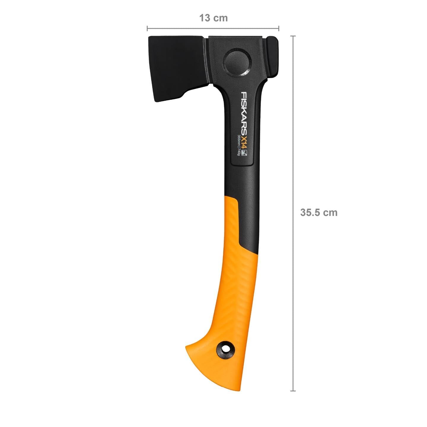 Fiskars X-Series X14 Universal-Axt, XS, Länge 35,5 cm, Kopfgewicht 529 g, Ideal zum Entasten, Feuerholzmachen und für Zimmermannsarbeiten, Doppelt gehärteter Stahl/FiberComp, Schwarz/Orange, 1069102