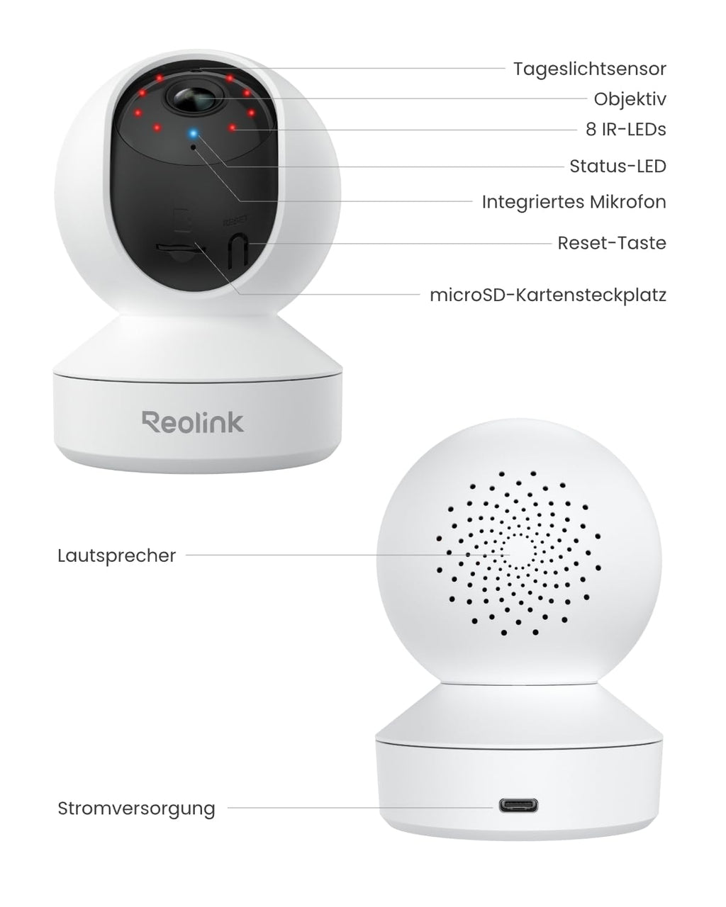Reolink 2K Überwachungskamera Innen, 360°-Ansicht Indoor Kamera WLAN mit Auto-Tracking, Baby Monitor mit Personen-/Tier-/Weinen-Erkennung, 2,4 GHz Wi-Fi, Privatmodus, 2-Wege-Audio, E1 4MP