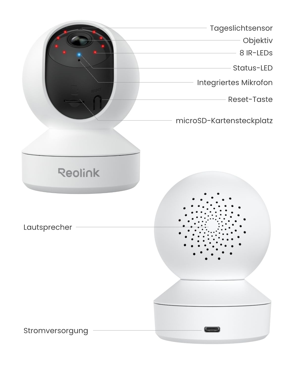 Reolink 2K Überwachungskamera Innen, 360°-Ansicht Indoor Kamera WLAN mit Auto-Tracking, Baby Monitor mit Personen-/Tier-/Weinen-Erkennung, 2,4 GHz Wi-Fi, Privatmodus, 2-Wege-Audio, E1 4MP