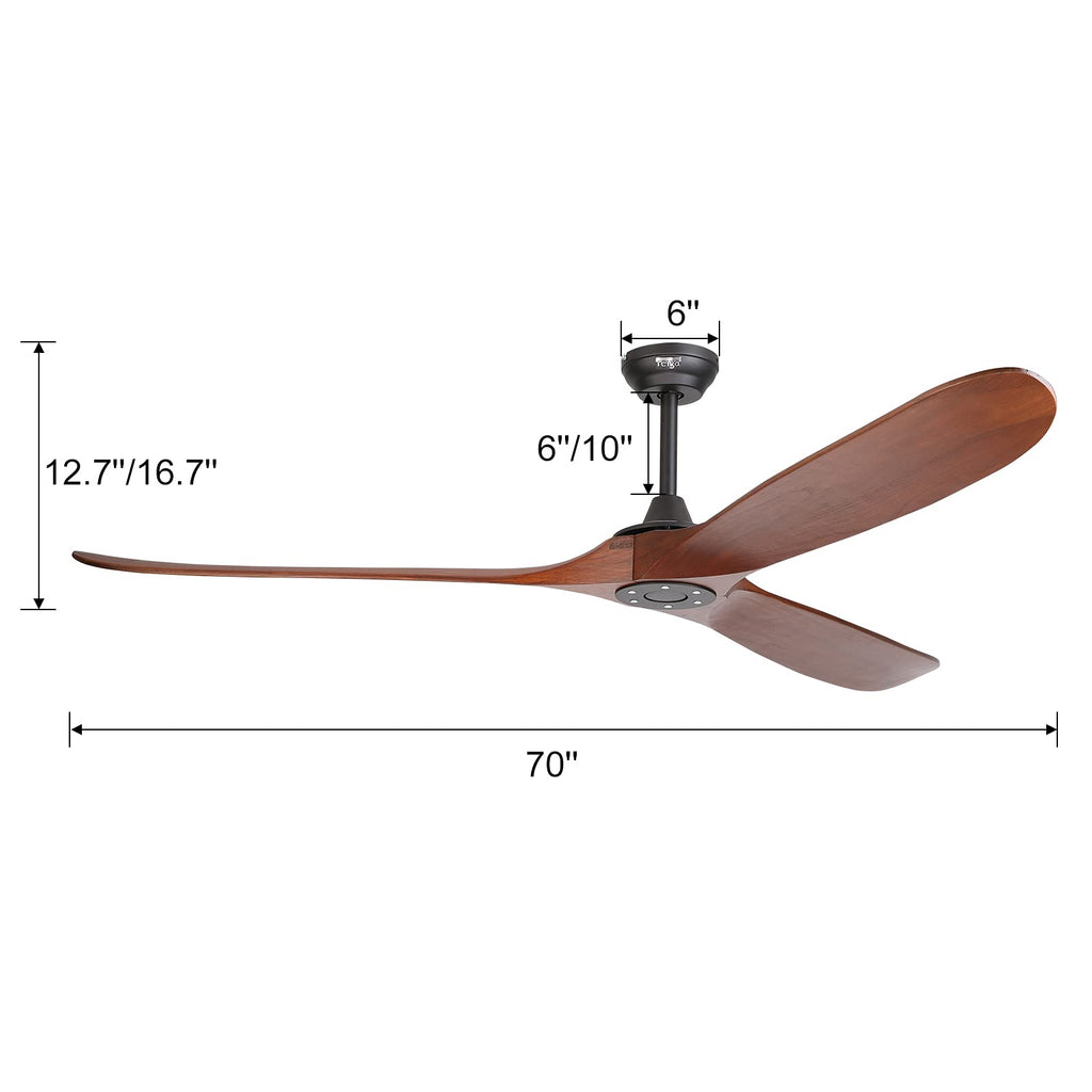 reiga 178 cm Holz Deckenventilator mit Fernbedienung, 6 Geschwindigkeiten, Leise DC Motor, 3 Holz Flügeln, Sommer Winterbetrieb für Schlafzimmer, Wohnzimmer, Terrasse