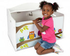 Leomark Kinderbank Hölzerne - Eulen XL - Kindertruhenbank, Behälter für Spielzeug, Truhe für Kinderzimmer, Kindermöbel, Sitzbank Höhe: 46 cm