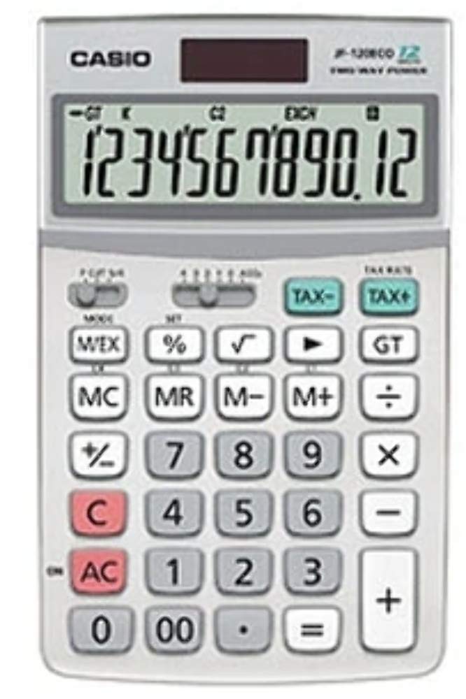 CASIO Tischrechner JF-120ECO, 12-stellig, umweltfreundlich, Steuerberechnung, Klappständer, Solar-/Batteriebetrieb, silber