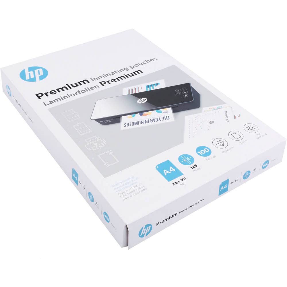 HP Premium Laminierfolien, DIN A4, 125 Micron, glänzend, transparent, zum Heißlaminieren, 100 Stück