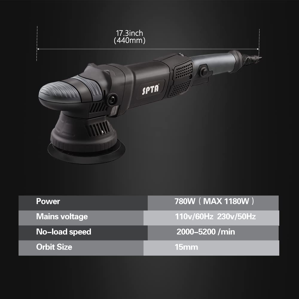 SPTA Auto Poliermaschine, 780W Exzenterpolierer, 6 Variable Geschwindigkeit, mit 125mm und150mm Polierschwamm, Abnehmbarer D-Griff und Seitengriff, 4M Kabel, zum Polieren von Auto, Boot, Motorrad