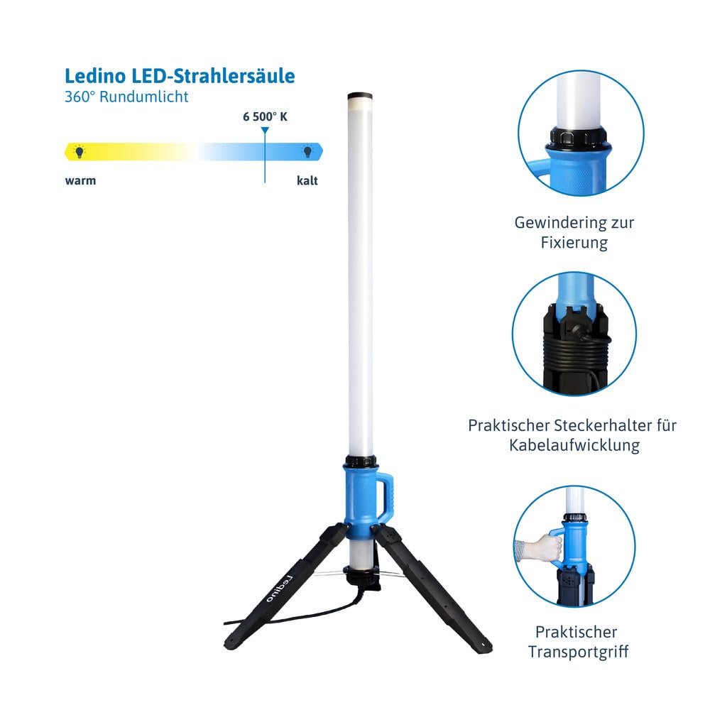 Ledino LED Stehlampe 120W | 360° Lichtsäule | 14400lm | IP69K | LED Baustrahler | Flutlicht für Werkstatt & Baustelle | nicht dimmbar | 5m Kabel