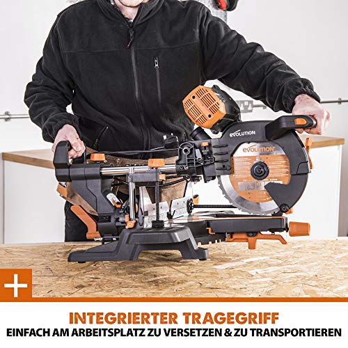 Evolution Doppelgehrungssäge Schiebe-Kapp- und Gehrungssäge R255SMS-DB+ | 2000 W, 300 mm Gleitfunktionalität, Schrägschnitt, Gehrungswinkeln | Ø 255 mm HM / TCT Sägeblatt für Multimaterialschnitt
