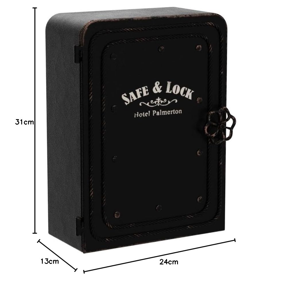 Kare Design Schlüsselkasten Safe, Schwarz, Schrank, Vintage Safe, mit 6 Haken, Stahl, Klein, 31x24x13 cm (H/B/T)