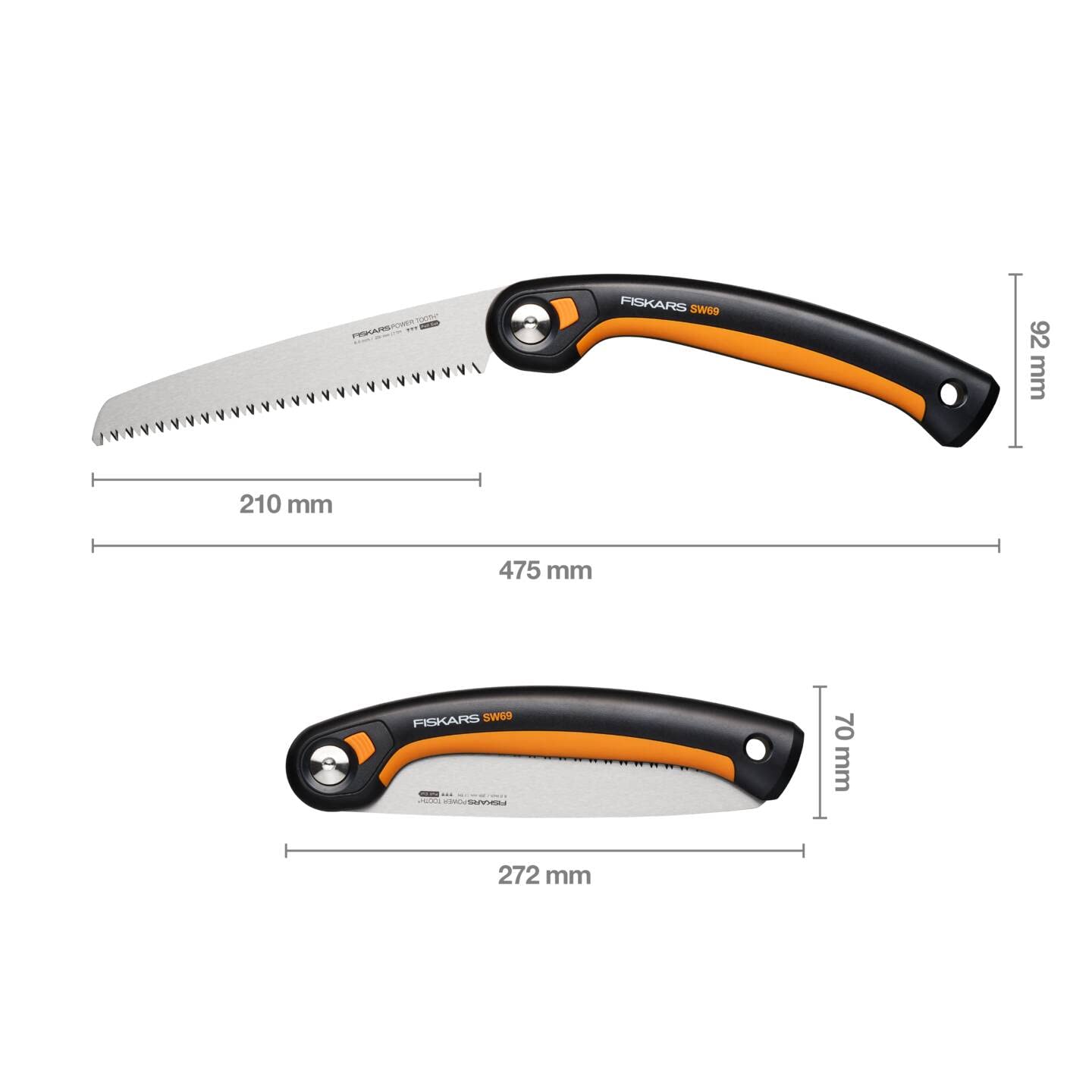 Fiskars Plus Klappsäge, Für dicke Stämme und Äste, 3 Schneidpositionen, Scharfes Power Tooth-Blatt, Grobzahnung, Blattlänge: 21 cm, Schwarz/Orange, SW69, 1067553
