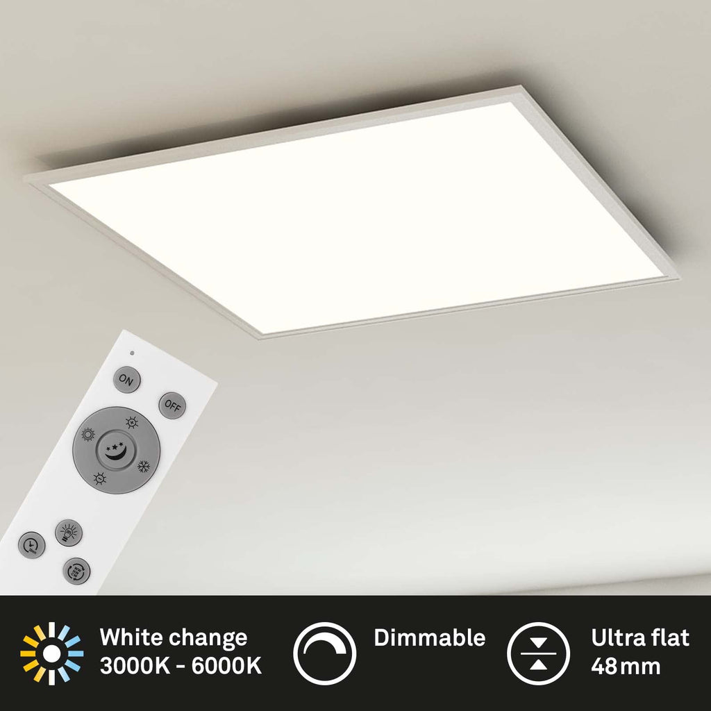 BRILONER - LED Deckenlampe mit Fernbedienung, flach, einstellbar von warmweiß bis kaltweiß, Lampe, Deckenleuchte, Wohnzimmerlampe, LED Panel, Schlafzimmerlampe, 59,5x59,5x6,5 cm, Weiß