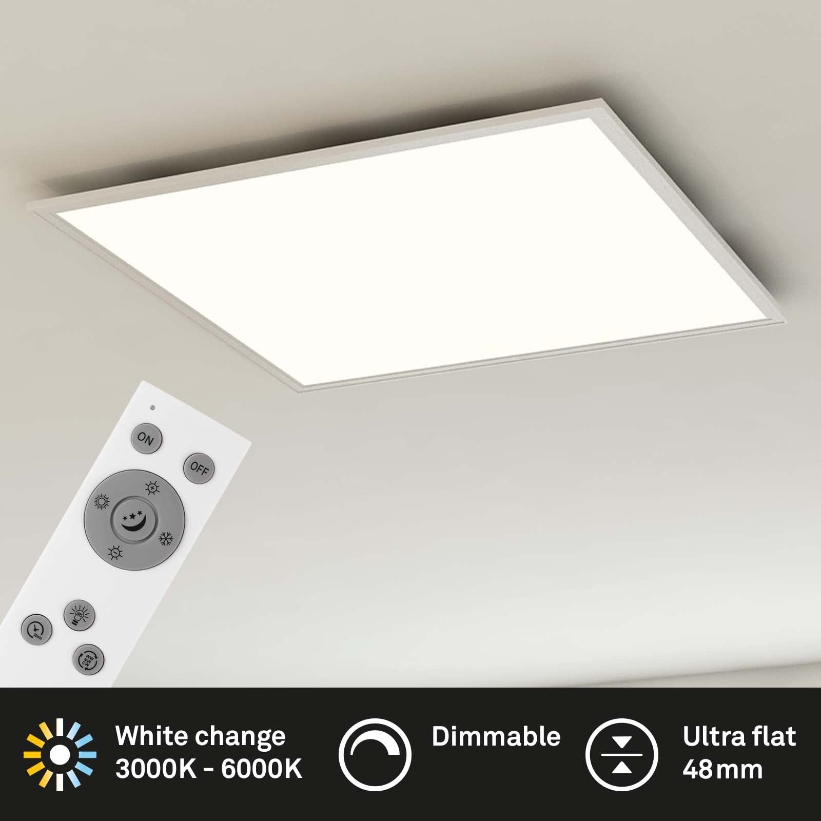 BRILONER - LED Deckenlampe mit Fernbedienung, flach, einstellbar von warmweiß bis kaltweiß, Lampe, Deckenleuchte, Wohnzimmerlampe, LED Panel, Schlafzimmerlampe, 59,5x59,5x6,5 cm, Weiß