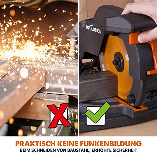 Evolution Gehrungssäge R210CMS | 1200 W Gehrungssäge | Inkl. Ø 210 mm HM-Sägeblatt Multi-Material-Schneiden Holz, Aluminium, Stahl, Kunststoff | 0°- 45° Fase und 45°- 45° Gehrungswinkel | Kappsäge