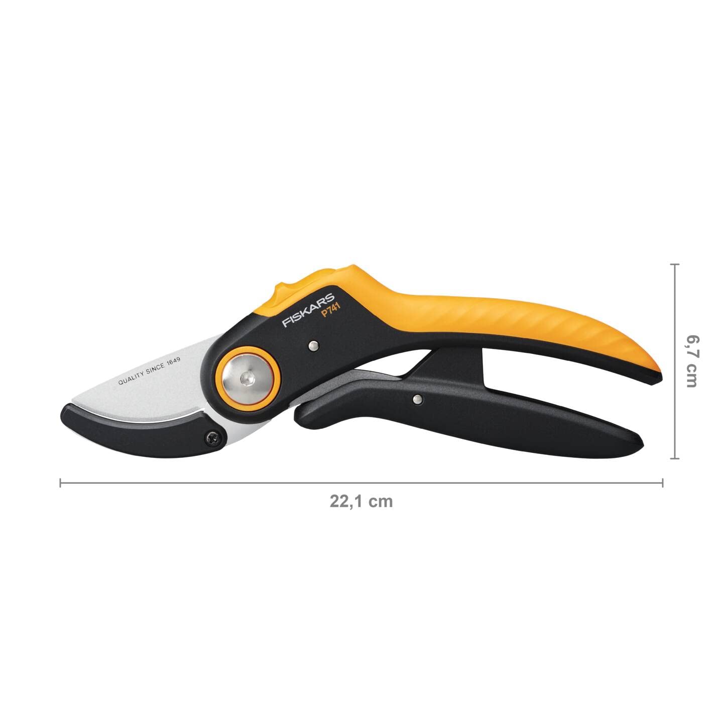 Fiskars Amboss-Gartenschere, Plus PowerLever, P741, Für trockenes und hartes Holz, Antihaftbeschichtet, Edelstahl-Klingen, Länge: 22,1 cm, Schwarz/Orange, 1057171