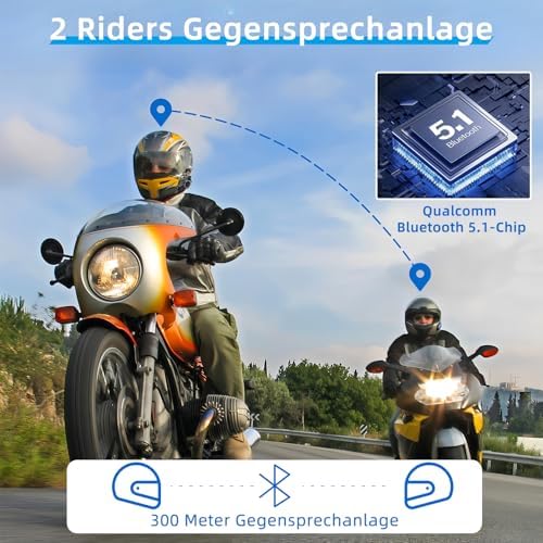 WAYXIN T2 Motorrad Headset mit Gegensprechanlage,Helm Kommunikationssystem für 2 Personen in Reichweite von 300m, mit Sprachassistent, Wasserdicht Freisprecheinrichtung,Musikanrufsteuerung(1pc)